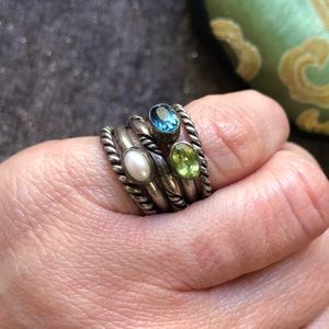 Silver, pearl and gemstone stack ring